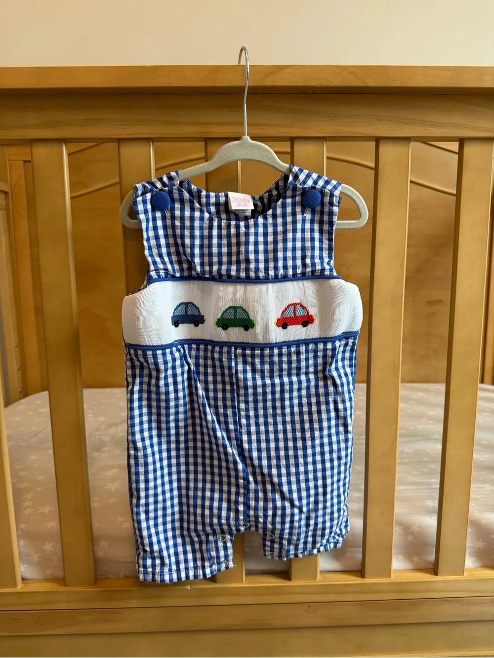 Stitchy Fish 18 Month Blue Gingham Smocked Baby Jon Jon with Cars